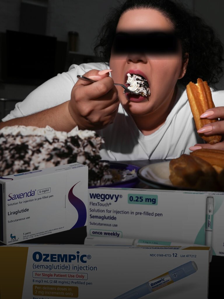 Image of obese woman eating sweets with weight loss injectable drugs in foreground.