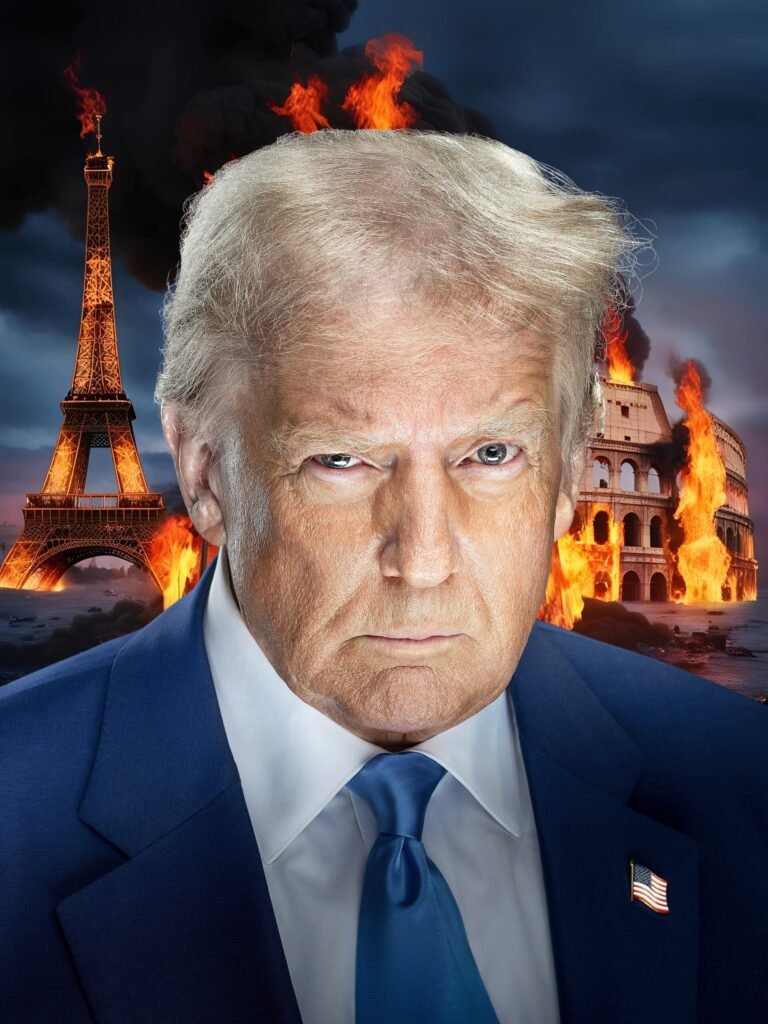 Image of Donald Trump with burning Colosseum and Eiffel Tower symbolizing Trump's plan to destroy Europe.